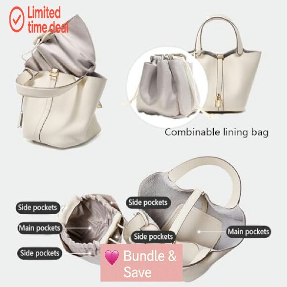 Genuine Leather Bucket Bag with Lock Design, Spacious Shoulder Satchel - Picture 3 of 8